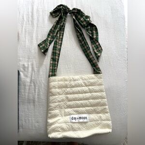 Cream Quilted Shoulder Bag with Plaid Strap
